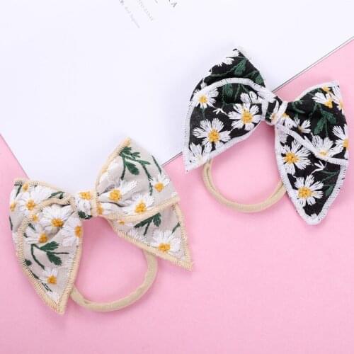 Kids Girls Embroidery Bows Hairbands Elastic Strethcy Newborn Baby Cotton Linen Nylon Headbands Infants Hair Accessories