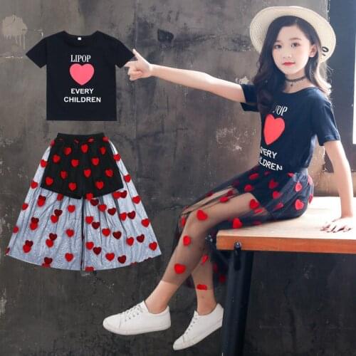Summer Childrens Clothing Sets for Girls Cotton Heart Shirts + Skirts 2pcs Sets School Clothes Sets for Girls 3 5 7 9 11 Years