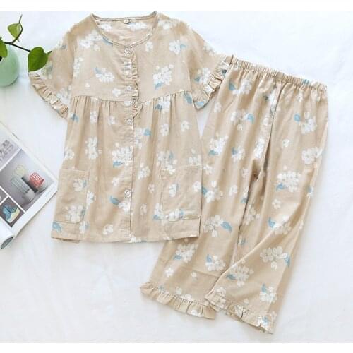 Fdfklak Summer Thin Gauze Cotton Homewear O-Neck Womens Loose Lady Sleepwear Female Pajamas Set Floral Print Home Suit