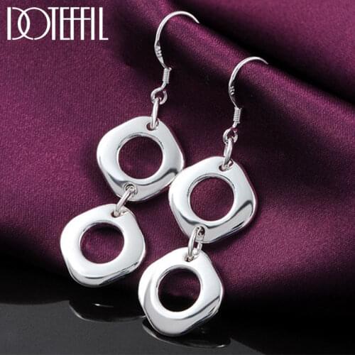 DOTEFFIL 925 Sterling Silver Double Square Earrings Fashion Woman Charm Drop Earrings Wedding Jewelry