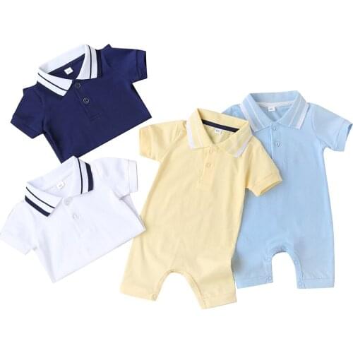 Newborn Infant Baby Boy Short Sleeve Jumpsuit Summer Solid Color Button Lapel Romper Short Pants Gentleman Baby Boys Clothes