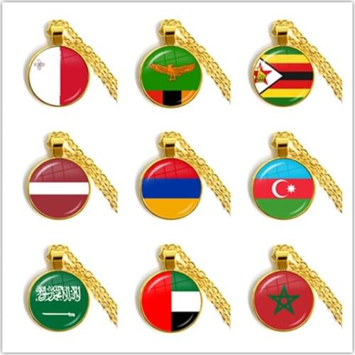 Malta Zambia Zimbabwe Latvia Armenia Azerbaijan Saudi Arabia UAE Morocco National Flag Glass Cabochon Pendant Necklace Jewelry