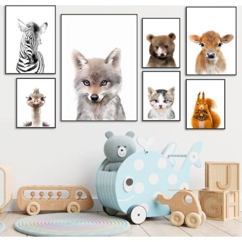 Zebra Ostrich Fox Poster Bear Squirrel Cow Cat Wall Art Canvas Painting Africa Animal Art Print Abstract Baby Kids Room Decor
