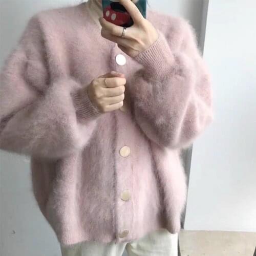 2021 Autumn Winter New Mink Cashmere Sweater Coat Women Korean Causal Long Sleeve O-neck Knitted Jacket Warm Cardigan Pull Femme