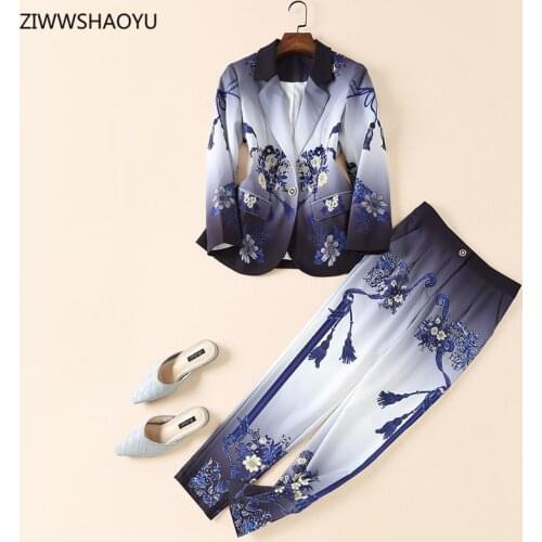 ZIWWSHAOYU Autumn Fashion Woman Retro Suit Suit Lapel Slim Long Sleeve Flower Coat + Straight Type Casual Trousers 2-Piece Set