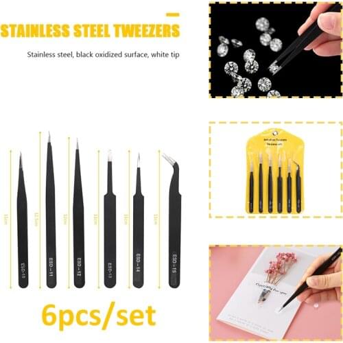 6pcs/set Anti Static Tweezers Stainless Steel Picking Up Gems Adhesive Foam Dots Electronics Repair Tools Fine/Board Tip 2021