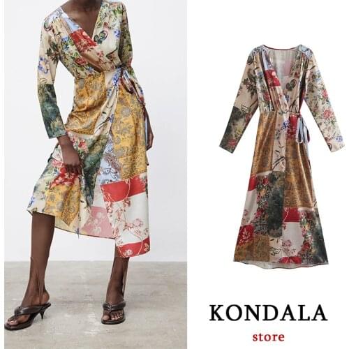 KONDALA Women Dress Vintage Za Fashion 2021 Floral Print V Neck Sashes Dress Female Long Sleeve Sexy Mid Calf Mujer Vestidos