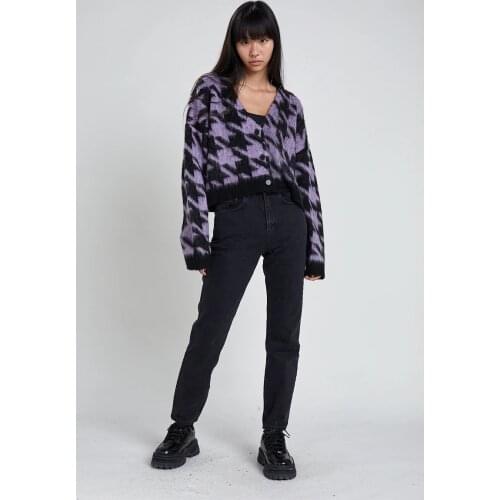 JESSIC Dark Gothic Loose Houndstooth E-girl Cardigans Punk Fashion Color Blocking Long Sleeve Sweaters Winter Streetwear Jumpers