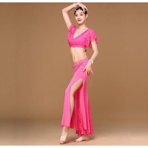 Women Dance wear Belly Dance Clothes V-neck Lace Oriental practice Costumes Set Girls 2pcs lace Top Split flared pants Trousers