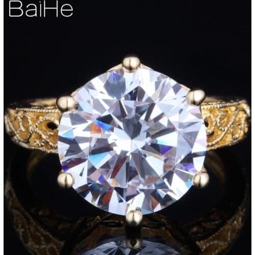 BAIHE Solid 14K Yellow Gold 11.94ct Flawless AAA Graded Cubic Zirconia Ring Engagement Ring Fine Jewelry CZ Ring for Women
