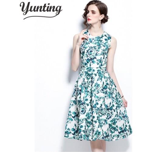 Women 2021 Summer Fashion Female Office Lady Dress Flowers Print Sleeveless Dress