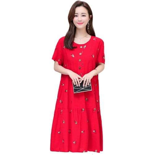 New Women Summer Cotton Embroidery Vintage Vestidos Robe Plus Size Dresses A-Line Short Sleeve Femme Casual Print