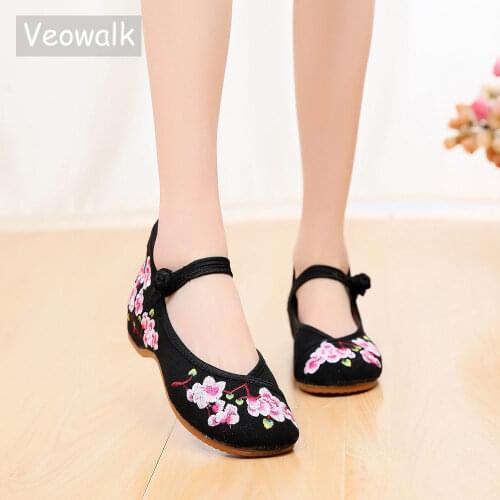 Veowalk Chinese Flower Embroidered Women Canvas Ballet Flats Cotton Casual Ballerinas for Ladies Comfort Teachers Shoes