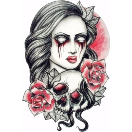 Body Art Pink Sexy Dangerous Skull Scary Lady Fake Tattoo Waterproof Temporary Tattoo Stickers Adhesive