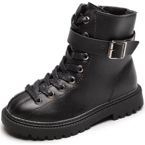 Childrens Winter Boots for Girls Black Martin Boots Kids Plush Warm Snow Boots Zipper Girls Leather Shoes Platform Zip