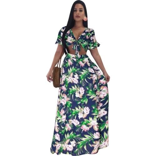 Women Floral Print Long Beach Dress Swimwear 2018 Plus Size Cover Up Swimsuit Sexy Bow Tie Beachwear Dress Two Piece Swimsuit