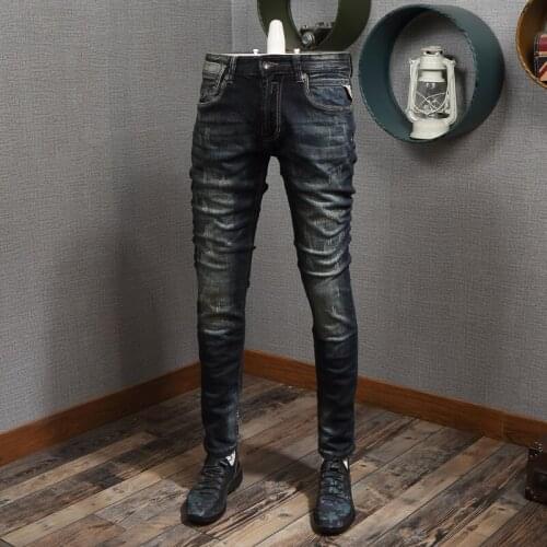 Fashion Men Jeans Retro Black Blue Slim Italian Style Fit Scratch Ripped Jeans Men Denim Pants Streetwear Vintage Designer Jeans