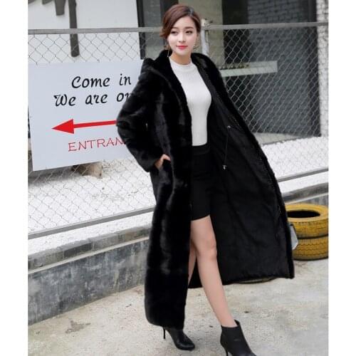 Imported mink fur coat hooded long mink long hat fur coat long black
