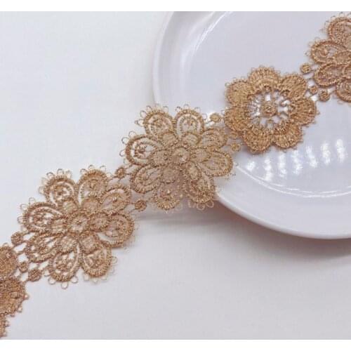 5Yds 5.2cm Wide Golden Continuous Flower Fabric Diy Lace Wedding Fluorescent Lace Gold Thread Embroidery Lace Accessories Trim