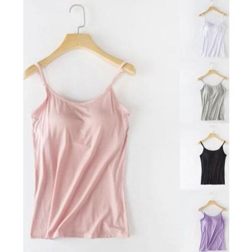 Women Adjustable Spaghetti Strap Tank Top with Built in Bra Solid Color Padded Camisole Sleeveless Wireless Vest Blouse