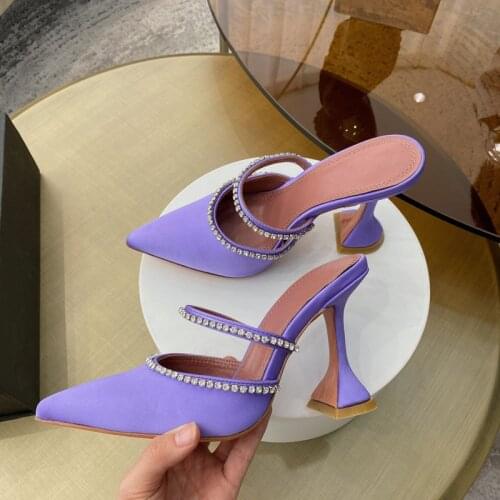 New Fashion Luxury Diamond Point Toe High Heel Mules Slippers Women Summer Wedding Party Elegant Sexy Leopard Lady Sandals Shoes