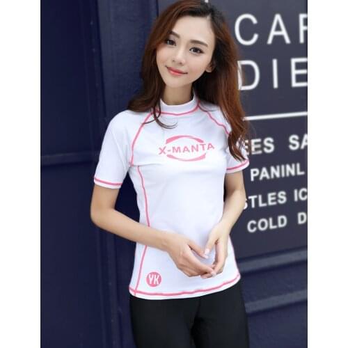 2016 New Surf Diving Suits Womens Summer Short Sleeve High Neck Rash Guard Women White Letter Print Swimwear Rashguard
