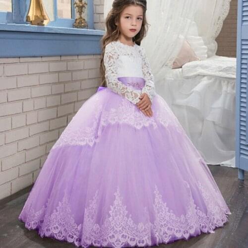 Flower Girl Dress Long Sleeve Lace Applique Fluffy Tulle Pageant Dress Girl First Fluffy Communion Princess Prom Dresses