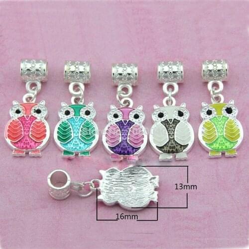 Silver Plated Enamel Owl Charm Dangle Beads fit Pandora European Bracelet Jewelry Making Bracelet Handmade Diy 31x13mm 5pcs
