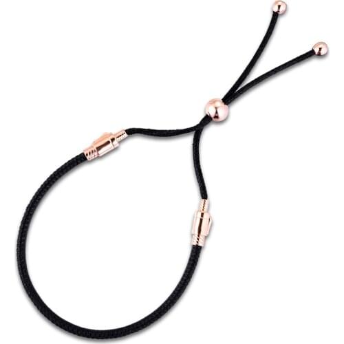 ROSE BLACK LEATHER SLIDING BRACELET Rose Gold Jewelry Bracelets for Woman Fits 925 Silver Beads & Charms Jewelry Making