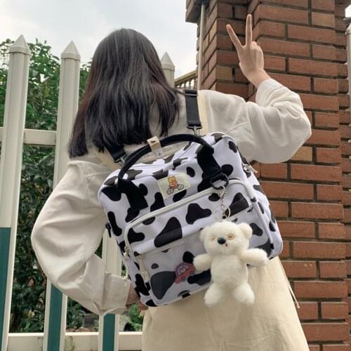 Fashion Cow Pattern Backpack Korean Style Wild Girls Ladies Chic Wild Cross-body Purse Daypack Casual Travel Satchel