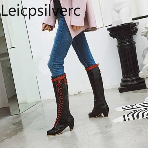 Womens Boots New winter fashion belt buckle Color matching Round head zipper mid heel High tube Womens shoes 34-39 4cm high
