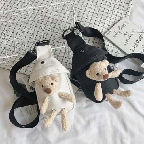 Female Canvas Shoulder Bag Ins Cute Bear Bag Cartoon Doll Chest Bag Messenger Waist Bags For Women Сумка Женская Через Плечо