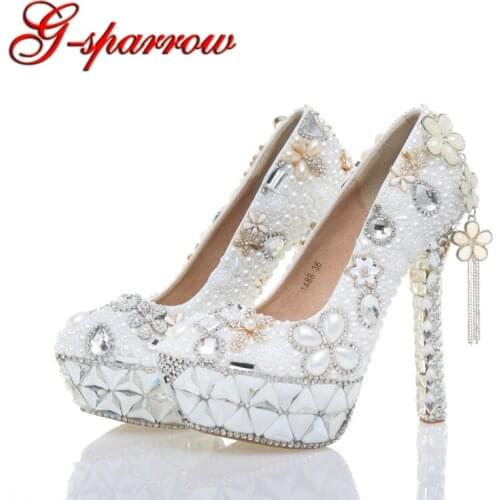 White Pearl Wedding Shoes High Heel Women Real Leather Shoes Plus Size 43 Birthday Party Prom Heels Cinderella Event Pumps