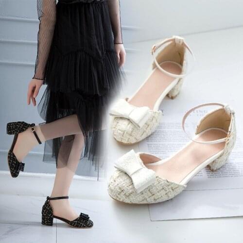 YQBTDL Summer Weaving Ankle Buckle Princess Ladies Shoe White Black Chunky Heels Cute Bling Bow Party Lolita Shoes Women Pumps