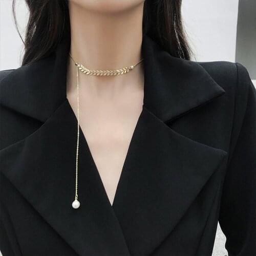 USTAR Fashion Pearl Willow leaf Choker Necklaces for Women Bijoux Pearl Pendant Y Necklaces Accessories Jewelry Gifts