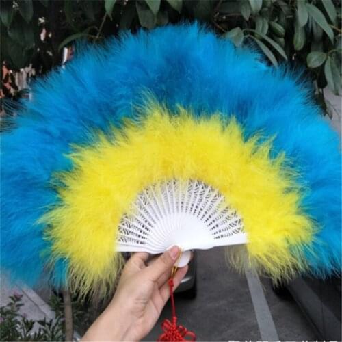 Blue and yellow Chinese Style Feather Fan For Dance Props Wedding Party Gift Hand Held Fan Folding Fan 50X30 cm