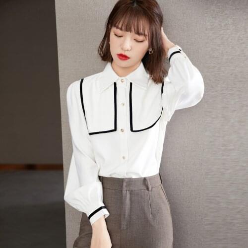 Spring new style navy collar long-sleeved chiffon shirt elegant fashion tops pastel womens clothing blusas feminina ver o 2021