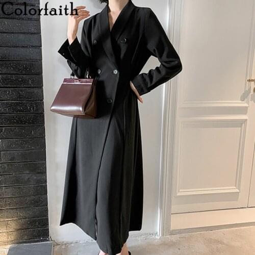 Colorfaith New 2020 Autumn Winter Womens Windbreaker Elegant Buttons Vintage Outerwear Oversize Office Long Trench Tops JK2757