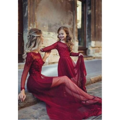 Wine Red A Line Momther Daugher Dress Long Sleeve Lace Mom and Girls Lace Matching Dress Phoro Prop Dress Custom