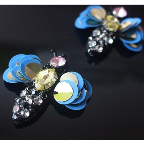 Blue bee rhinestones beaded brooch patches applique vintage crystal fabric sew on patch fashion clothing bags decoration patch