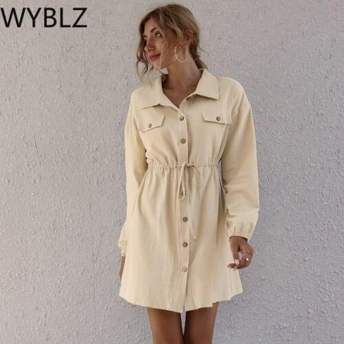 WYBLZ Spring V-neck Women Cotton Dress Elegant Long Sleeve Button Lace Up Shirt Dress Female Solid Streetwear Ladies Short Dress