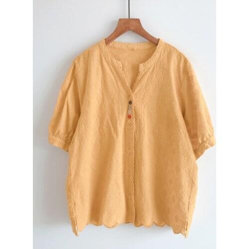 2020 New Summer Women Blouse Japan Style Literary Embroidery Color Button Loose Cotton V-Neck Short Sleeve Shirt Women