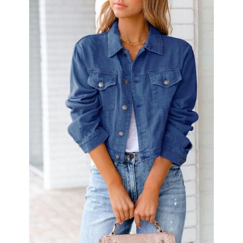 Women New Solid Color Button Closure Lapel Pocket Long-Sleeved Short Denim Jacket Jacket