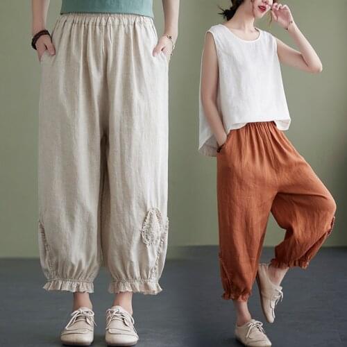 Linen Bloomers Women 2021 Summer Retro Lace Stitching Nine-Point Pants Loose-Fitting Harlan Pants