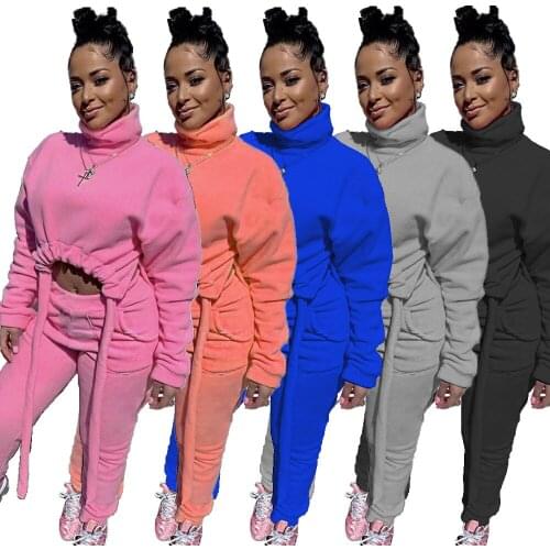 Winter Thick Fleece Tracksuit Long Sleeve Turtleneck Drawstring Sweater Stacked Leggings Pants Fitness Casual Sportwear Outfits