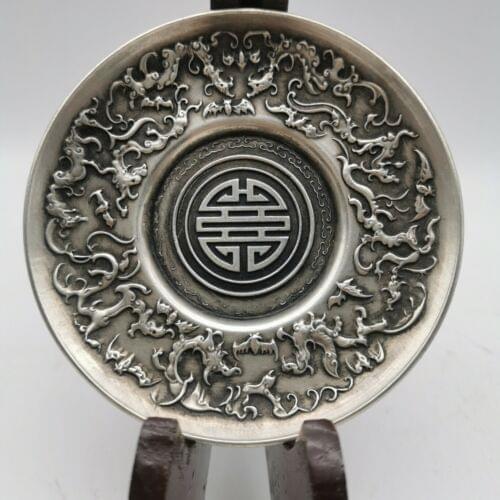 4.1" Collect Chinese Paktong Nine animal fenghuang phoenix Bird King Plate 315g