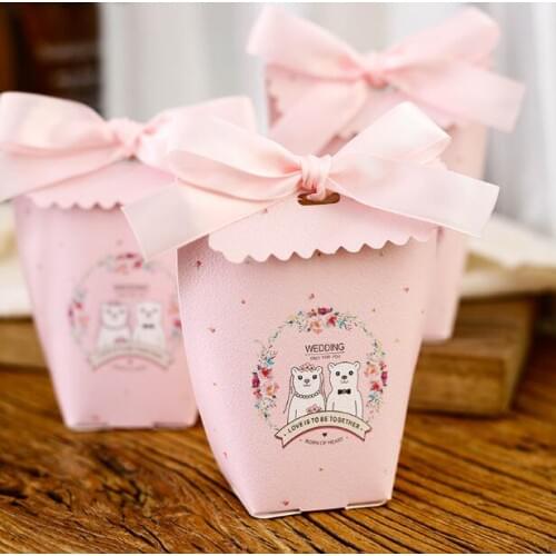 50Pcs Pink Bear Couple Wedding Favors Candy Boxes Sachet Bomboniera Party Favors Gift Box Paper Candy Bags With Ribbons