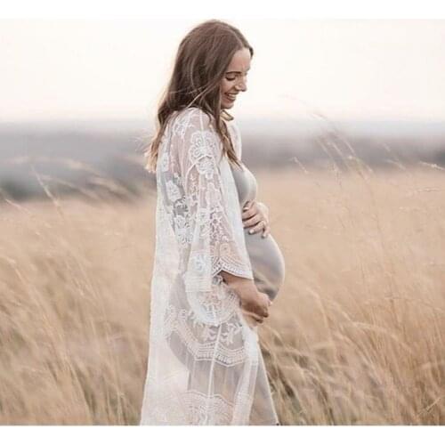 Boho Maternity Photography Kimono Dresses Crochet Lace Pregnancy Photo Shoot Dress See Through