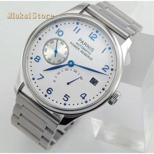 Parnis mens top business watch 43mm white dial date power reserve automatic self-Wind movement mens mechanical watch