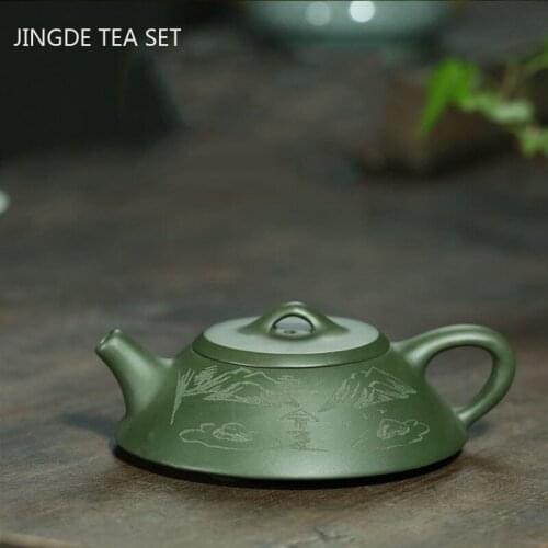 Yixing tea pots Purple Clay Boutique Green clay Flat stone scoop Teapot Handmade beauty kettle Tie Guanyin Puer Tea set 120ml